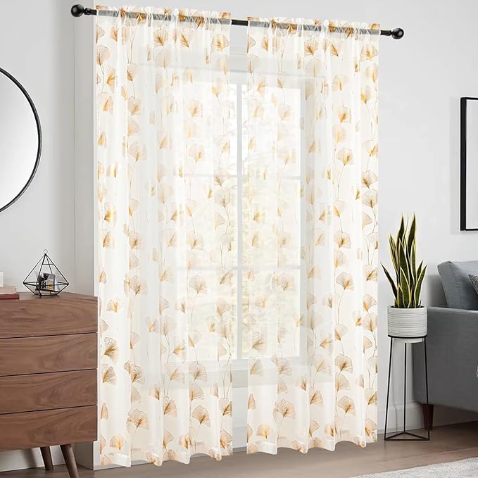 Gold Foil Print Sheer Curtains 63 inches Long, 2 Panels Ginkgo Bronzing Treatment Sheer Curtain, Rod Pocket Window Treatment Panels for Bedroom Living Room