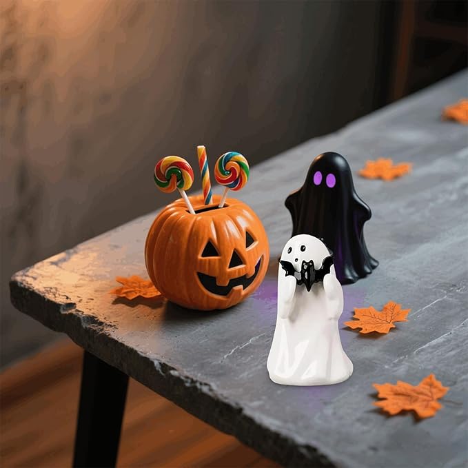 Halloween Ghost Figurine with Black Bat, Funny Ghost Decor, Ghost Statue Halloween Decor, Cute Decorations for Home Table Fireplace,Party Decorations, Small Gifts