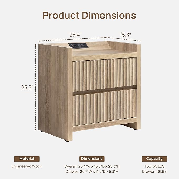 SICOTAS Fluted Night Stand Set 2 - Nightstands with Charger Station, Large Modern Bedside Table End Table with 2 Drawers, 25" Wide Farmhouse Nightstand for Bedroom (Light Oak, 2 Pieces)