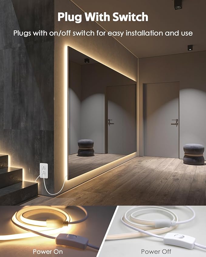 AC 110V LED COB Light Strip 65.6FT Warm White CRI 85+ Outdoor Waterproof Plug in with Switch Flexible Cuttable COB LED Rope Lights 3000K High Density 288Leds/M for Kitchen Cabinet Garden Home Decor