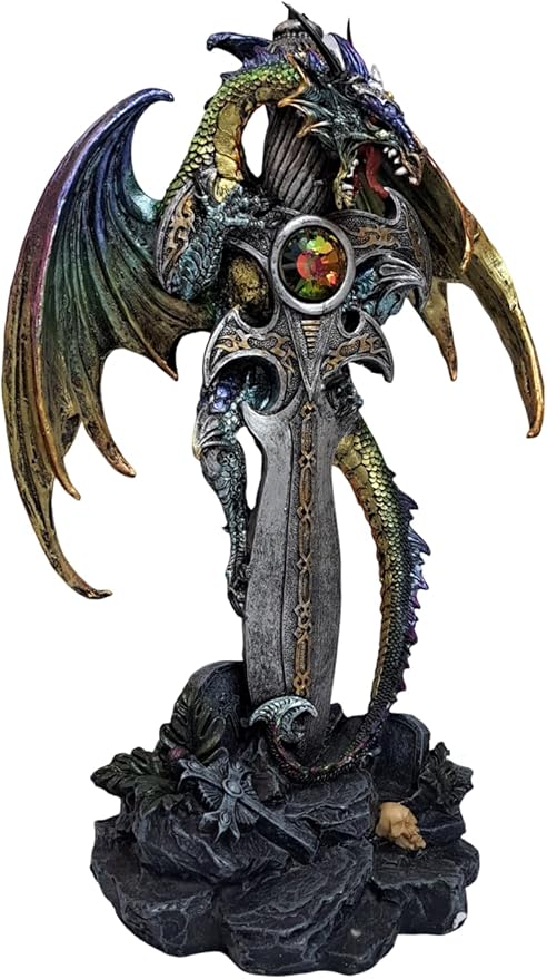 ICE ARMOR 24.5" Fantasy Collectible Dragon Statue Table Lamp Wrap Around Cross with Fabric Light Shade for Gothic and Medieval Décor (71792Purple/Green)