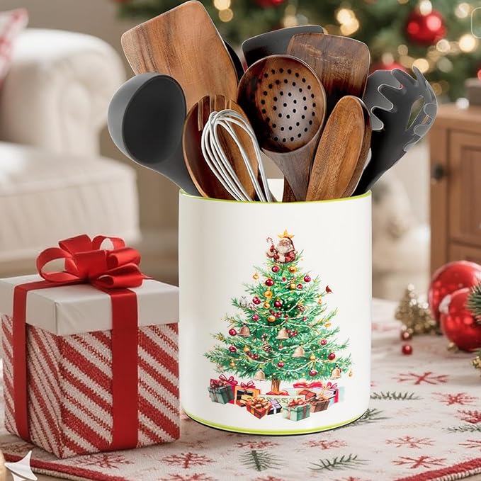 Christmas Utensil Holder, Christmas Tree Utensils Holder for Christmas Kitchen Decor, Xmas Cute Ceramic Utensils Crock for Rustic Farmhouse Indoor Kitchen Decorations