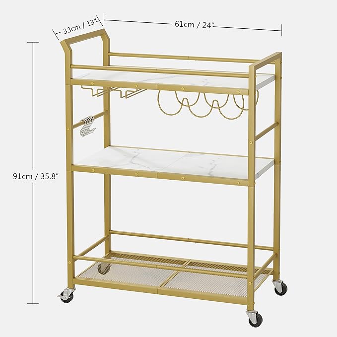 3 Tier Bar Cart, Home Bar Serving Cart with Wheels, Small Rolling Beverage Cart with Glass Holders, Mini Drink Cart with Wine Rack for Kitchen Dining Living Room Gold GBC507G