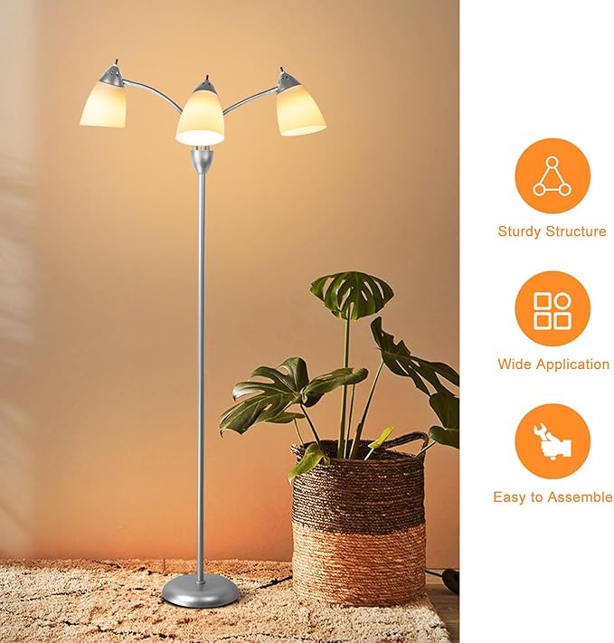 DINGLILIGHTING Floor Lamp Tall for Bedroom: Silver Standing Lamp Reading for Living Room Home Study Room Office - Modern Led Floor Light 3-Light Adjustable Flexible Gooseneck Metal Multi Head