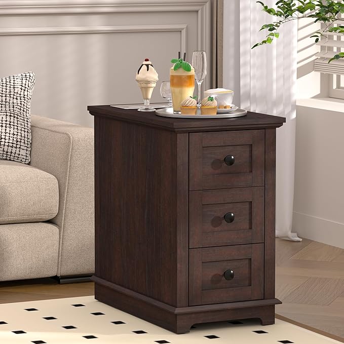 HIFYOBRO 3 Drawers End Table with Flip Top Charging Station, Narrow Side Table with Power outlets, Wooden Nightstand, End Table with Storage for Living Room and Bedroom