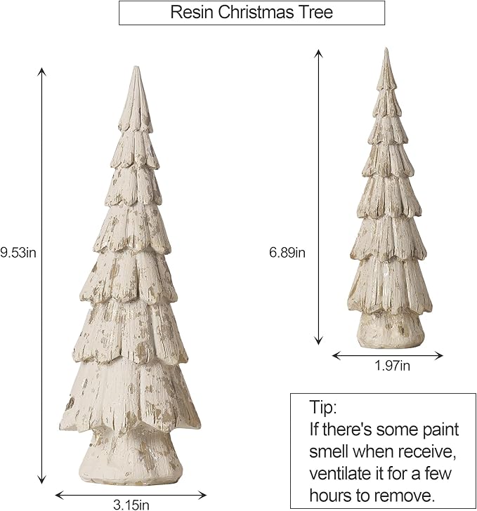 Christmas Tree Figurines, Wood Effect Accented with Gold, Tabletop Xmas Trees Set of 2, Small Decorative Resin Christmas Trees, Christmas Decorations Indoor, Winer Mantle Decor for Table Centerpieces