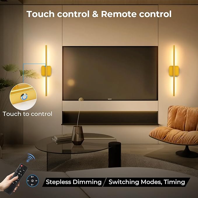 1 Pack Battery Operated Wall Sconce Detachable 360°Rotate, Wireless Wall Lamp 3000-6500K Dimmable, 10000mAh Rechargeable Wall Light for Bedroom, Living Room,28" Gold