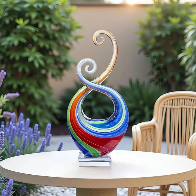 14″ Hand Blown Art Glass Sculpture with Fluid Design and Clear Square Base - Weatherproof Indoor & Outdoor Use Decor - Abstract Glass Art Piece