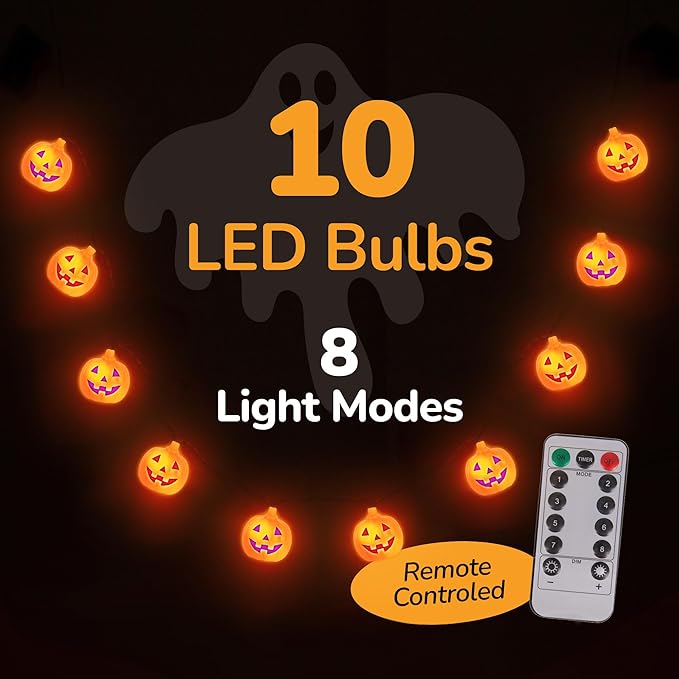 ArtCreativity 8.2 FT Halloween Pumpkin String Lights with Remote - 10 LED - Orange Jack-O-Lantern Decorations for Outdoor & Indoors - Cute Halloween Party Supplies - Battery Powered Pumpkin Deco