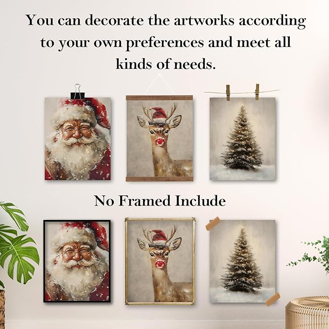 TFKFJLF Vintage Christmas Santa Posters for Wall, Christmas Tree Deer Painting Pictures Decor Wall Art, Vacation Decorations for Bedroom Bathroom Living Room Office, Unframed 8x10in Set of 4