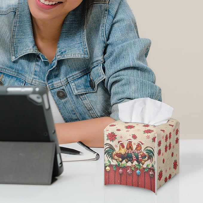 Christmas Tissue Box Holder Square PU Leather Tissues Cube Box Cover Modern Decorative Rooster Poinsettia Facial Napkin Holder Case for Car Kitchen Bedroom Bathroom