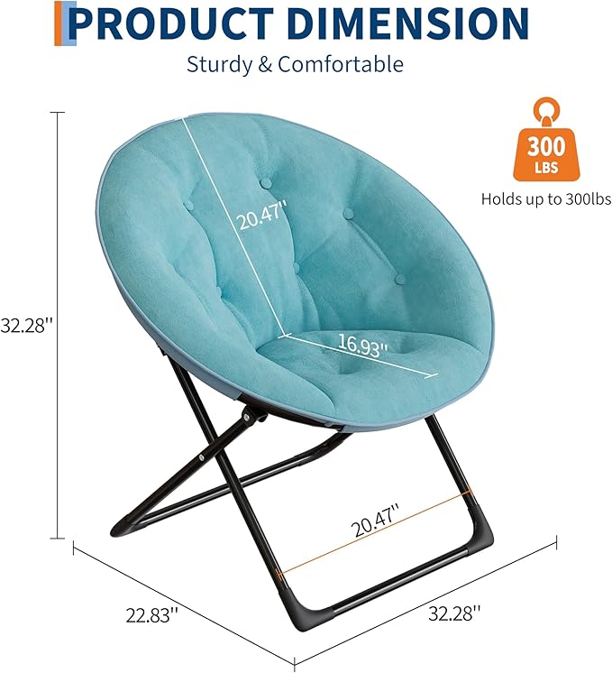 Saucer Chair with Faux Fur Cover, Large Foldable Moon Chair for Adults & Teens, Cozy Circle Accent Chair for Bedroom, Living Room, Dorm, Playroom, Soft Folding Gaming Chair for Small Spaces, Green