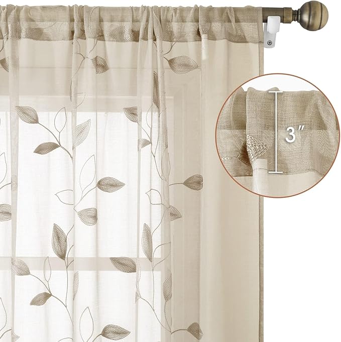 HOMEIDEAS Taupe Sheer Curtains 52 x 54 Inch Length 2 Panels Beige Embroidered Leaf Pattern Short Curtains for Bedroom Half Small Window Rod Pocket Kitchen