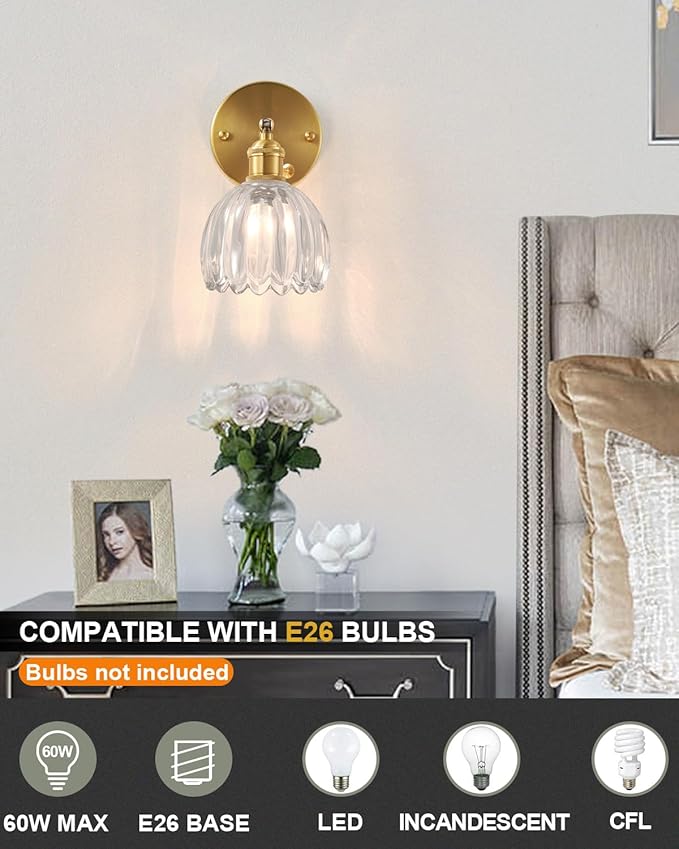 Plug in and Hardwired Wall Sconces, Luxury Vintage Tulip Crystal Glass Shade Wall Light with Switch for Bedside Bedroom Living Room (Tulip-Clear, 1)