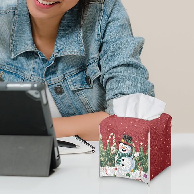 Christmas Tissue Box Cover Square Facial Tissue Holder Storage for Bedroom Bathroom Night Stand Car Modern Home Decorative with Buttons Cute Snowman Napkin Case Covers