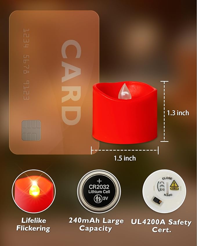 Homemory Red Tea Lights Candles Battery Operated, 200+Hour Flameless Flickering Fake Electric LED Colored Tealights Candles for Party, Wedding, Anniversary, Halloween, Christmas, 12-Pack