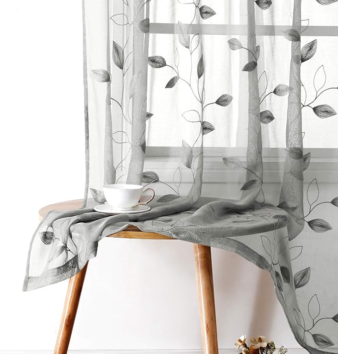 HOMEIDEAS Light Grey/Gray Sheer Curtains 52 X 63 Inches Length 2 Panels Embroidered Leaf Pattern Pocket Faux Linen Floral Semi Sheer Voile Window Curtains/Drapes for Bedroom Living Room