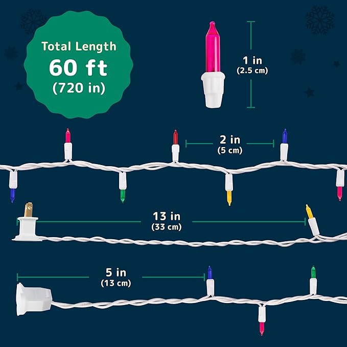 PREXTEX Bright & Colorful Christmas Lights (60 Feet, 300 Lights) - Fall Decor & Christmas Tree Lights with White Wire - Indoor/Outdoor String Lights – Multi-Color Twinkle Lights
