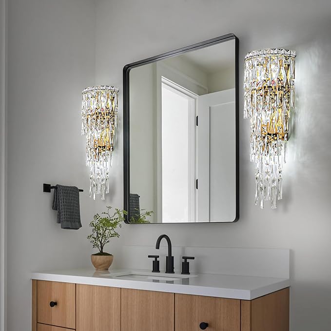 Modern K9 Crystal Wall Sconce, Gold Finish Wall Light Fixture, Acrylic Crystal Drops Wall Lamp Bedside Light 3 Tiers Crystal Wall Lamp for Bedroom Living Room,E12 Base