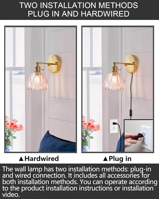 Plug in and Hardwired Wall Sconces, Luxury Vintage Tulip Crystal Glass Shade Wall Light with Switch for Bedside Bedroom Living Room (Tulip-Pink, 1)