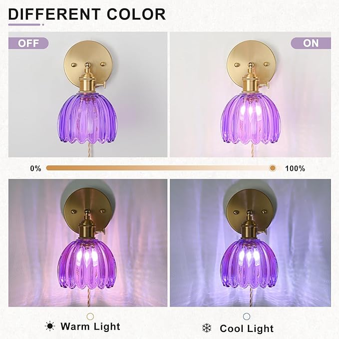 Plug in Wall Sconce, Vintage Sconce Light with Tulip Purple Glass Lampshade, 180° Adjustable Wall Sconce with Switch and Plug in Wall Lamp Cord, Gold Wall Light for Bedroom Bedside