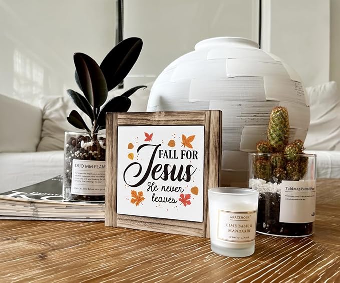Rustic Wood Sign, Fall Decor, Box Wood Plaques Desk Décor, Maple Leaves Decor, Tabletop Decoration, Shelf Decorative, Decorative Plaques and Signs, Farmhouse Style Home Decoration, Fall for Jesus He Never Leaves