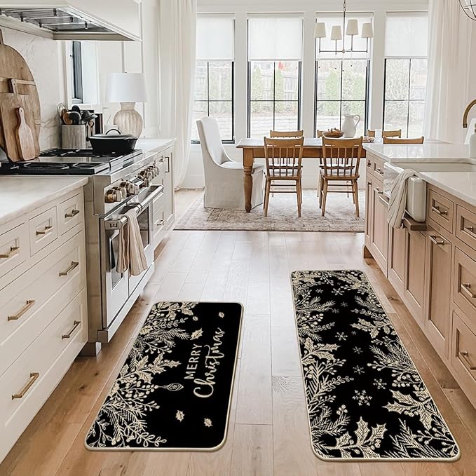 Artoid Mode Black Holly Pine Branches Merry Christmas Kitchen Mats Set of 2, Winter Decor Low-Profile Kitchen Rugs for Floor - 24x35 and 24x59 Inch