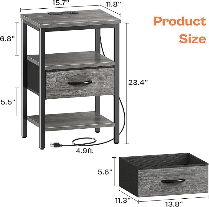 SUPERJARE Nightstand with Charging Station, Bed Side Table with Adjustable Fabric Drawer, Night Stand for Bedroom, 3-Tier Storage End Table, for Living Room, Grey