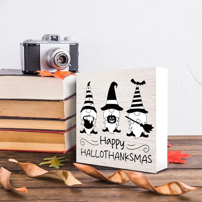 Vintage Gnome Wooden Box Sign Funny Desk Decor Halloween Decorations Witchcraft Supplies for Home Farmhouse Table Tiered Tray Wall Rustic Plaque Block Sign Decorative Thanksgiving Fall Christmas Decor