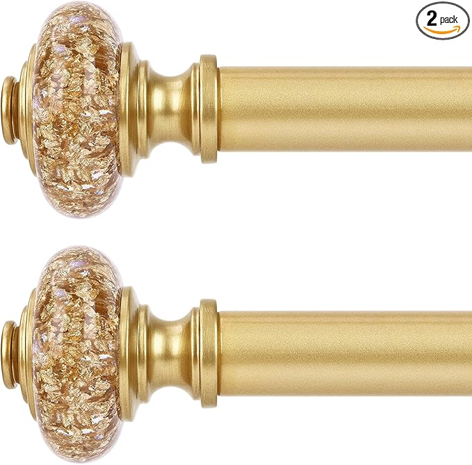 2 Pack Gold Curtain Rods for Windows 48 to 84 Inch, Decorative Vintage Crystal 1'' Diameter Curtain Rod with Gold Foil Finials, Adjustable Heavy Duty Easy Install Drapery Pole Set for Farmhouse