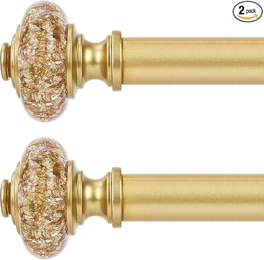2 Pack Gold Curtain Rods for Windows 48 to 84 Inch, Decorative Vintage Crystal 1'' Diameter Curtain Rod with Gold Foil Finials, Adjustable Heavy Duty Easy Install Drapery Pole Set for Farmhouse