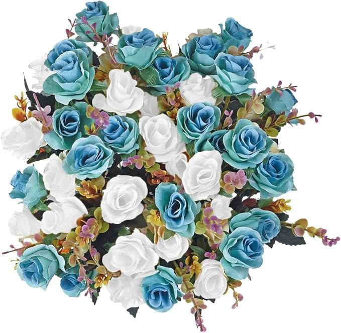 4 Bunches of Artificial Roses. 48 Small Roses. Plastic Silk Flower .Suitable for Plant Decoration of Family Hotel Wedding Christmas.(Peacock Blue)