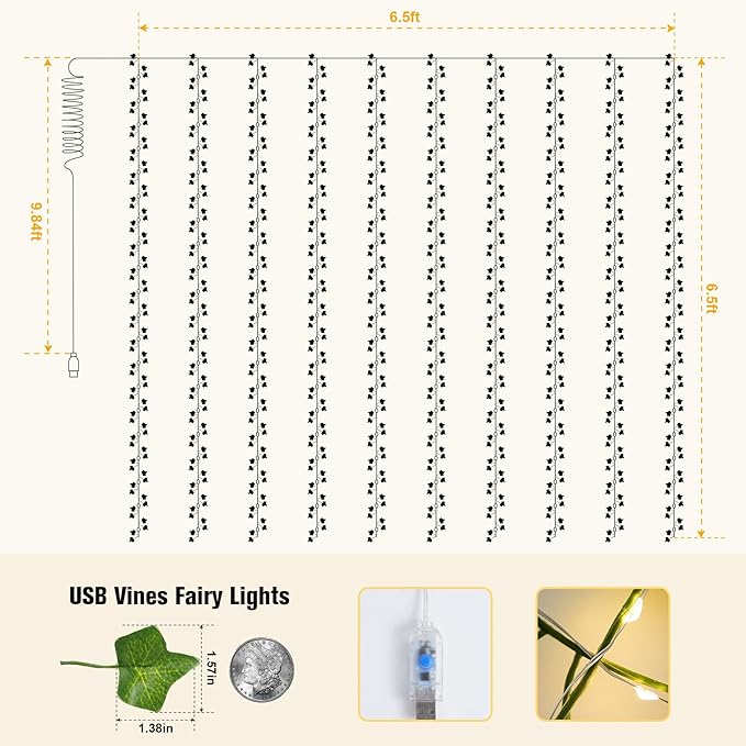 JMEXSUSS Vines Lights for Bedroom, 200 LED Vines Fairy Lights, Artificial Ivy Leaf Light for Wall Curtain Wedding Party Indoor Decor, 6.5ft x 6.5ft with Remote