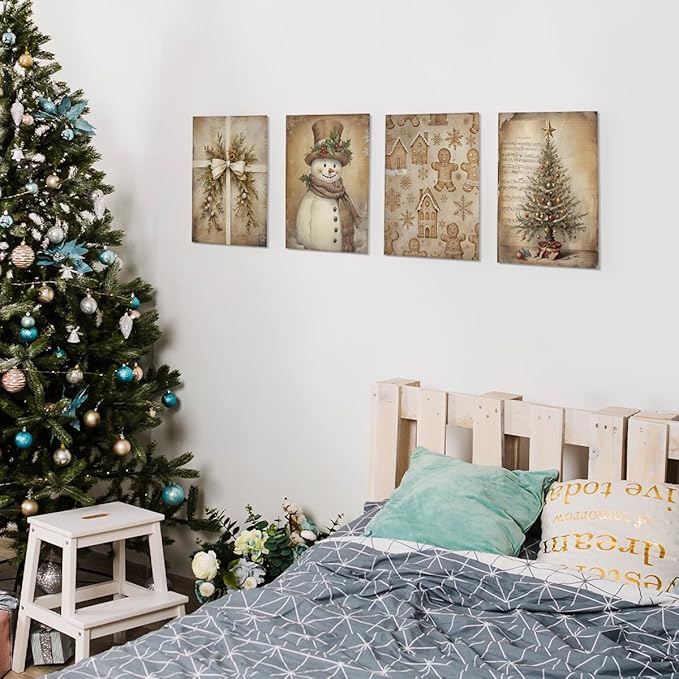 Wheatwin Vintage Christmas Wall Decor, Christmas Tree Snowman Wall Art Prints Set of 4, Boho Merry Christmas Wall Decor for Home Bedroom Living Room Office, 8x10 (Unframed)