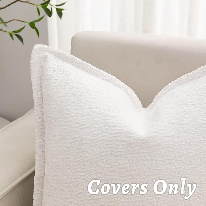 Cream White Decorative Throw Pillow Covers 22x22 Inch Set of 2 Cozy Soild Chenille Cushion Cases Soft Textured Square Couch Pillows Cover Boho Accent Farmhouse Pillowcases for Sofa Bed