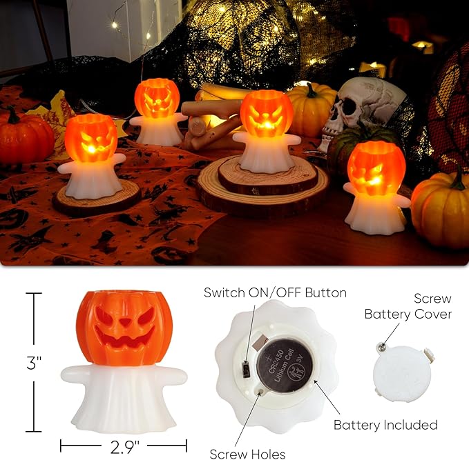 Homemory Real Wax Pumpkin Ghost Lamp, 4 Pcs Flickering Flameless Candles with 6hrs Timer, Spooky Halloween Pumpkin Candles, LED Battery Operated Lights for Home Halloween Decor, Theme Party