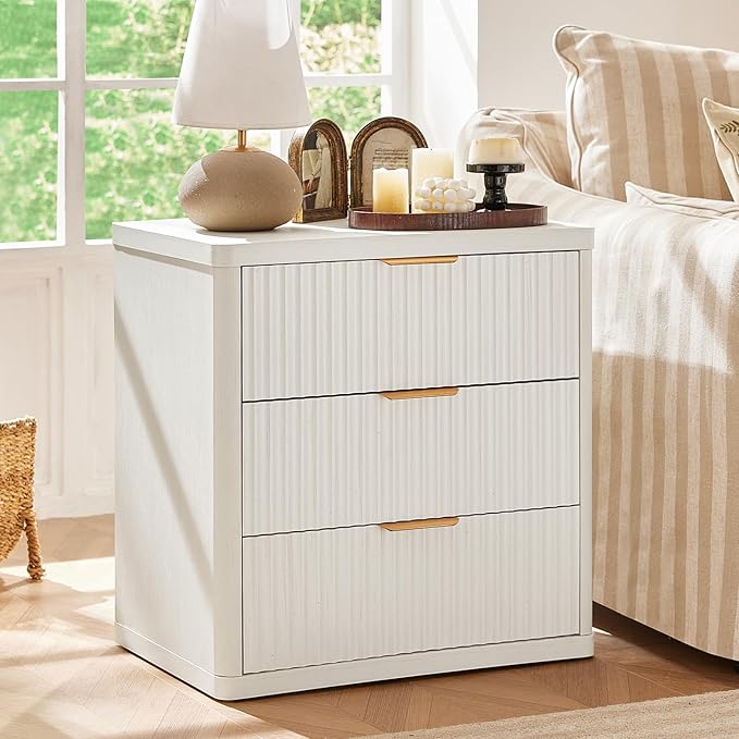 LEYAOYAO 23" Wide Fluted Farmhouse Night Stand Set of 2 with Charging Station, 3 Drawers Large End Table w/Metal Handle,White Nightstand Bedside Table,Wood Dresser for Bedroom, Closet