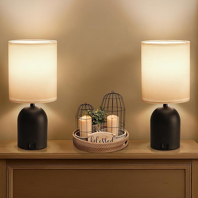 Bedside Black Table Lamps Set of 2 for Bedroom, 3 Way Dimmable Touch Nightstand Lamp with USB C and A Ports Small Table Desk Lamp for Bedroom, Reading Room, Office, Dorm Black/White