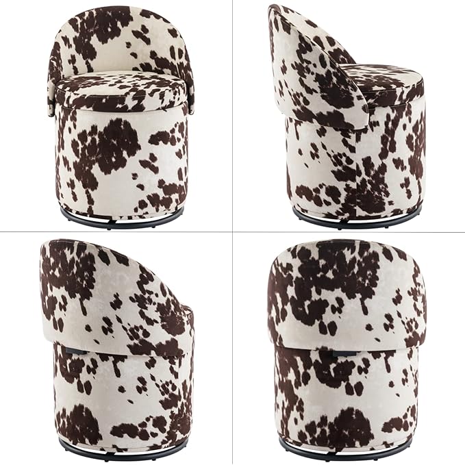LukeAlon Linen Makeup Ottoman with Storage, Upholstered 360° Swivel Vanity Stool with Foldable Backrest Modern Cylindrical Footrest Stool for Living Room Bedroom, Cow Print