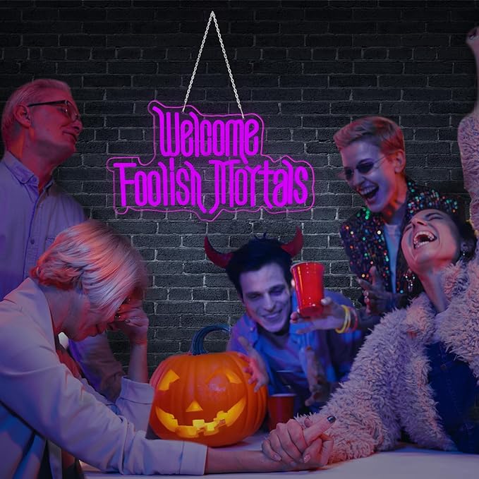 Halloween Welcome Foolish Mortals Neon Sign, Dimmable Gothic Haunted Coffin Halloween Decoration, USB Powered Neon Light, Wall Decor for Home, Bar & Party (Comes with Hooks, Nails and Adhesive Hooks)