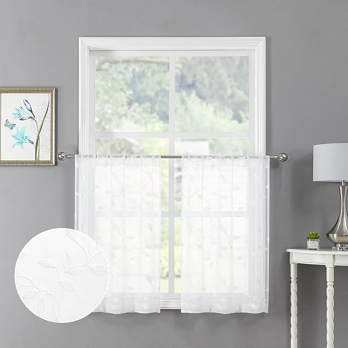 Tollpiz White Leaf Sheer Tier Curtains Leaves Embroidered Kitchen Short Curtain Rod Pocket Voile Bathroom Curtains for Cafe, 30 x 24 inches Long, Set of 2 Panels