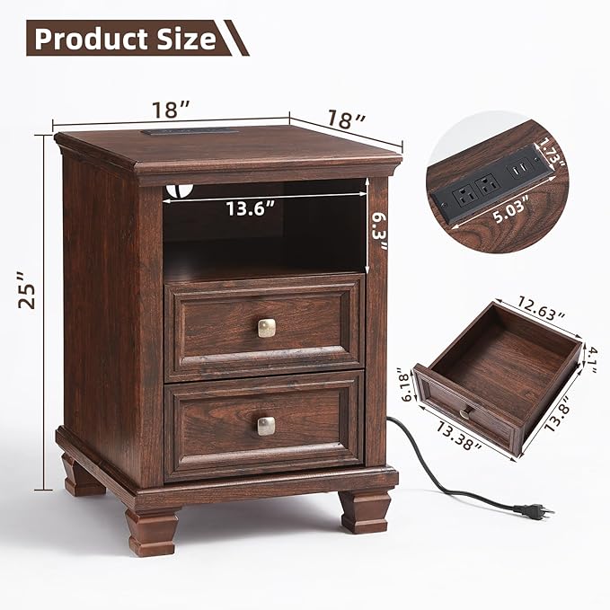 Farmhouse Nightstand with Charging Station, Rustic Brown Nightstand,2 Drawers End Table for Living Room,Bedside Table with Open Shelf for Bed Room,Walnut
