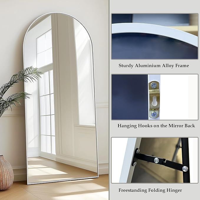 Arched White Full Length Mirror, 71"X30" Large Floor Mirror, Full Body Mirrors for Leaning or Hanging, Standing Mirrors for Bedroom, Living Room,Dressing Room, Aluminum Alloy Frame, White