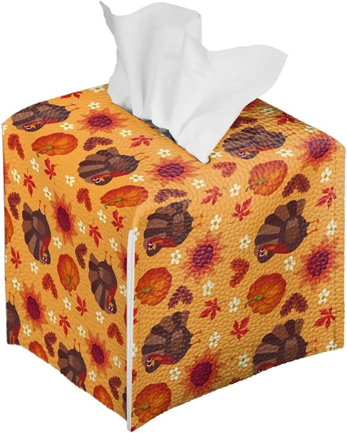 Turkey Pumpkin Tissue Box Cover Holder Square Facial Tissue Case Facial Paper Organizer Dispenser for Bathroom Bedroom Living Room Decor Thanksgiving PU Leather Napkin Boxes Covers