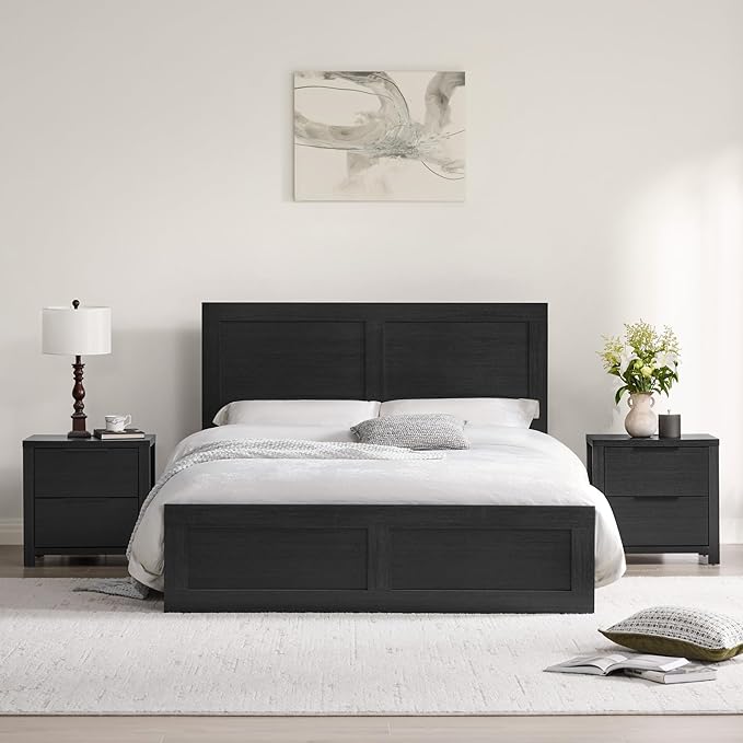 21" Farmhouse Nightstand Set of 2 with Charging Station 2 Drawers Large End Table with Metal Handle Rustic Low Night Stand Wood Dresser for Living Room Bedroom Closet,Black