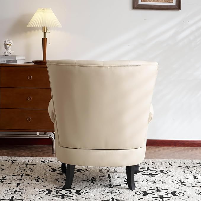 Modern Faux Leather Accent Chair, Upholstered Mid-Century Armchair with Solid Wood Legs, Single Sofa Chair for Living Room, Bedroom, or Reading Room(Ivory White)