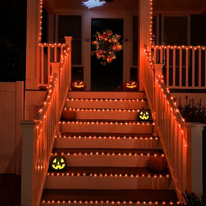 YEGUO 66ft 200 LED Orange Halloween Lights Outdoor Waterproof, Green Wire Christmas String Lights Indoor, 8 Modes Twinkle Tree Lights Plug in with Timer Memory