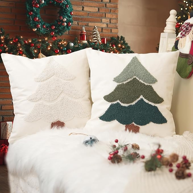 GEEORY Christmas Pillow Covers 18x18 Inch, Embroidered Xmas Tree Throw Pillows Farmhouse Winter Holiday Decor Cushion Case for Sofa & Bed Home Decorations (Beige) GX004-1-18