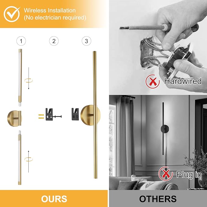 Wireless Battery Operated Wall Sconces with Remote, Gold Rechargeable Led Wall Lights Set of Two, Cordless Dimmable Battery Powered Wall Lamp Decor for Bedroom Living Room, 3 Color, 32 Inch