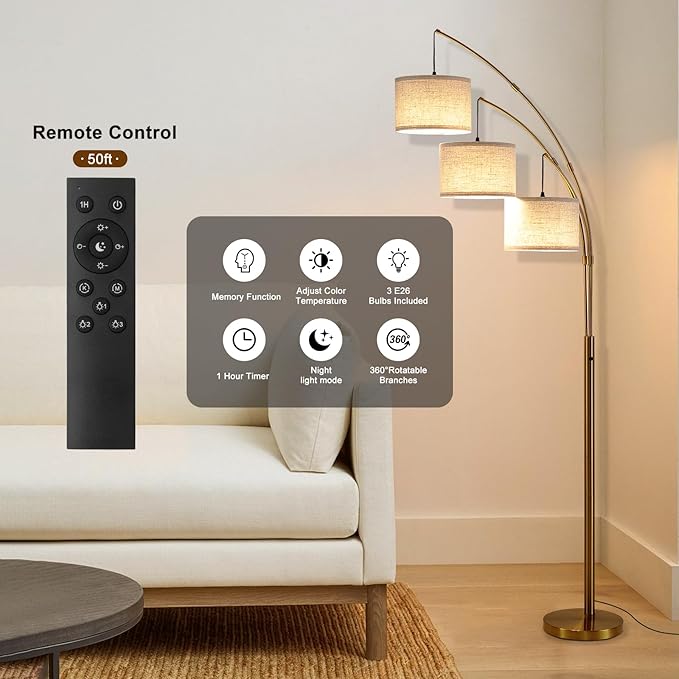 Gold Floor Lamps for Living Room, Super Bright Arc Floor Lamp with Remote Control, 3 Light Tall Floor Lamps with Stepless Dimmable, 80" Mid Century Tree Floor Lamp for Bedroom, Office